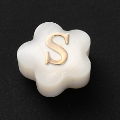 Letter S Натуральные белые ракушки, золотые эмалевые бусины с буквами, Письмо с, 8x4.5 мм, отверстие : 0.8 мм