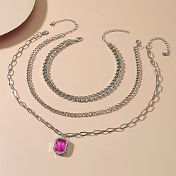 Платина 3 шт. элегантный прямоугольный кулон из сплава цвета фуксии со стразами 3 наборы ожерелий, платина, 12.99 дюйм ~ 20.47 дюйм (33~52 см)
