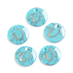 Letter U Synthetic Turquoise Charms, with Plastic Letter, Flat Round, Letter.U, 15x2mm, Hole: 1.5mm