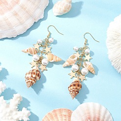 Морская Ракушка Серьги с подвесками из натуральной спиральной ракушки, с латунными крючками для сережек, подвесками из ракушек, латунными штифтами с шарообразными головками, латунными цепочками из тросов и 304 подвесками из нержавеющей стали, золотые, цвет морской раковины, 83.5x24 мм