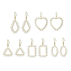 Golden 5 Pair 5 Style Brass Geometry Dangle Earrings with Glass Beaded, Triangle & Heart & Kite & Horse Eye & Rectangle, 38~60x20.5~40.5mm, 1 Pair/style