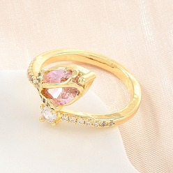Chapado en Oro Real 18K Anillos abiertos tipo brazalete de latón con microengaste de circonitas cúbicas y forma de flor para mujer., sin plomo y cadmio, chapado en rack, larga duración plateado, real 18 k chapado en oro, tamaño de EE. UU. 6 (16.5 mm)