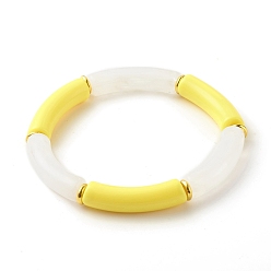 Gold Acrylic Tube Beaded Stretch Bracelets, with Brass Beads, Gold, Inner Diameter: 2-1/8 inch(5.5cm)