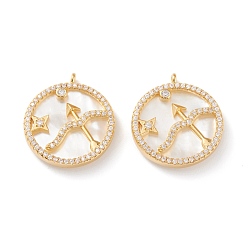 Стрелец Настоящие 18 k позолоченные латунные подвески с микропаве и прозрачным кубическим цирконием, с оболочкой, долговечный, плоские круглые с созвездием, Стрелец, 21x18x3 мм, отверстие : 1.8 мм