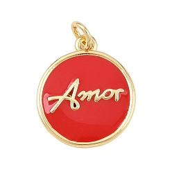Красный Латунь эмаль подвески, с целью перехода в кольце, плоские круглые подвески со словом «амор», без свинца и без кадмия, долговечный, реальный 18 k позолоченный, стойки покрытие, красные, 16.5x14x1.5 мм, отверстие : 2.5 мм