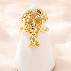 Креветка Латунные микро проложить манжеты кольца кубического циркония, золотые, креветка, 26.5x18 мм