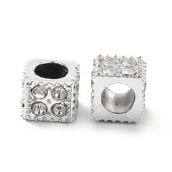 Platinum Rack Plating Alloy Rhinestone European Beads, Large Hole Beads, Cube, Platinum, 8x8x6mm, Hole: 4.5mm