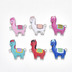 Colorful Printed Alloy Links connectors, with Enamel, Llama/Alpaca, Platinum, Mixed Color, 26x22.5x2mm, Hole: 1.8mm