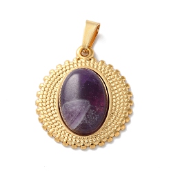 Аметист Подвески из натурального аметиста , 304 из нержавеющей стали плоские круглые прелести, ионное покрытие (ip), золотые, 23x20x5~5.5 мм, отверстие : 4.5x3 мм