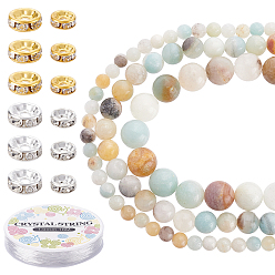 Flower Amazonite Наборы для самостоятельного изготовления браслетов из натурального цветка амазонита, в том числе круглые бусины из натурального цветка амазонита, распорная бусина из железных страз и эластичная нить, золотые и нержавеющая сталь цвет, бусины из натурального цветка амазонит: 204шт/набор