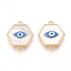 Настоящее золото 18K Латунные подвески-шармы с шестигранным соединителем в виде натуральной ракушки, без кадмия, без никеля и без свинца, доджер синяя эмаль злые глазные ссылки, реальный 18 k позолоченный, 14.5x17x3 мм, отверстие : 1.2 мм