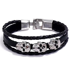 Black PU Leather Triple Lines Multi-strand Bracelet, Skull Head Beaded Bracelet, Black, 8-1/4 inch(21cm)