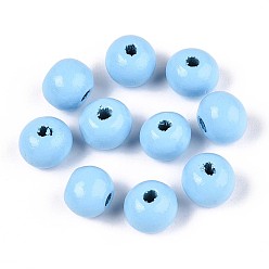 Светло-Голубой Круглые бусины из натурального дерева схима, окрашенные распылением, Небесно-голубой, 8~8.5x6.8 мм, отверстие : 1.8~2 мм