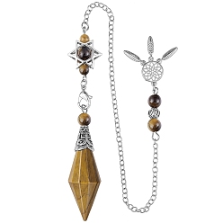 Тигровый глаз Природные маятники с заостренным кончиком тигрового глаза, с платиновым покрытием латунная фурнитура, ромб, 300 мм