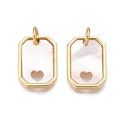 Настоящее золото 18K Подвески из латуни и ракушек, прямоугольник и сердце, реальный 18 k позолоченный, 13.5x10x2 мм, отверстие : 3 мм