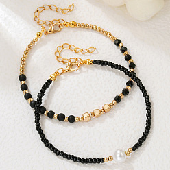Черный Браслеты на ногу в богемном стиле с пластиковым жемчугом, кубическими латунными бусинами и стеклянными бусинами, золотые, чёрные, 2 дюйм (7-7/8 мм), 200 шт / комплект