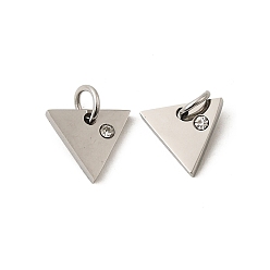 Stainless Steel Color 316 Surgical Stainless Steel Pendants, with Cubic Zirconia, Triangle, Clear, Stainless Steel Color, 9.5x10.5x2mm, Hole: 3mm