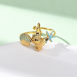 Золотой 304 из нержавеющей стали манжеты кольца, форма раковины и сатрфиш, с эмалью, золотые, 1~15.5 мм