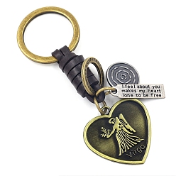 Virgo Heart with Constellations Antique Bronze Alloy Keychains, with Leather Cords, Virgo, 10cm