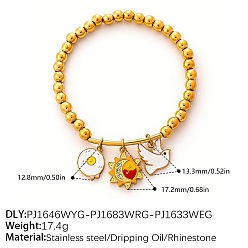 Soleil 304 Bracelets extensibles ronds à perles en acier inoxydable émaillé et strass pour femmes, or, blanc, soleil, 7.48 pouce (19 cm)