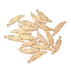Золотой Вакуумное покрытие pvd 304 подвески из нержавеющей стали, перо, реальный 18 k позолоченный, 24x6x1 мм, отверстие : 1.5 мм