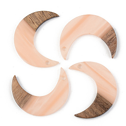 Light Salmon Opaque Resin & Walnut Wood Pendants, Moon, Light Salmon, 28x22x3mm, Hole: 2mm