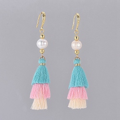 Cyan Polycotton Tassel Dangle Earrings, with Natural Cultured Freshwater Pearl Beads and  Brass Earring Hooks, Golden, Cyan, 74~75mm, pin: 0.7x1mm