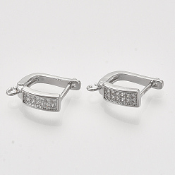 Platinum Brass Micro Pave Cubic Zirconia Hoop Earring Findings with Latch Back Closure, Nickel Free, with Horizontal Loop, Rectangle, Real Platinum Plated, 14x4.5x11.5mm, Hole: 1.2mm, Pin: 1mm.