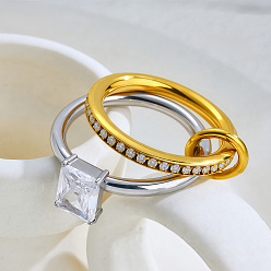 Rectangle 304 Кольца из нержавеющей стали с прозрачным кубическим цирконием, штабелируемые кольца, золотые и нержавеющая сталь цвет, прямоугольные, размер США 7 (17.3 мм)