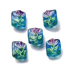 Васильковый Бусины лэмпворк , Прямоугольник с цветком, васильковый, 15.5x13x9.5 мм, отверстие : 2.5 мм