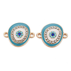 Dark Turquoise Rack Plating Alloy Enamel Links Connectors, with Crystal Rhinestone, Cadmium Free & Nickel Free & Lead Free, Oval with Eye, Light Gold, Dark Turquoise, 17x20x3mm, Hole: 1.6mm