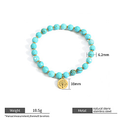 Turquoise Synthétique Bracelets extensibles en perles de turquoise synthétique rondes à facettes de mm, 6.2 Bracelets en acier inoxydable avec pendentif arbre de vie pour femmes, or, 304 pouce (7.48 cm)