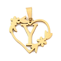 Letter Y Ионное покрытие (ip) 201 подвески из нержавеющей стали, сердце с подвесками в виде букв, золотые, Письмо Y, 23x25x1.5 мм, отверстие : 7.5x3.5 мм