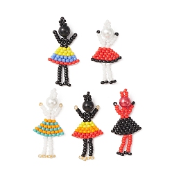 Mixed Color Seed Beads Beaded Charms, with Plastic Beads, Girl Pendant, Mixed Color, 34x16x6mm, Hole: 2mm, 5pcs/set
