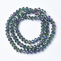 Medium Sea Green Electroplate Transparent Glass Beads Strands, Full Rainbow Plated, Faceted, Rondelle, Medium Sea Green, 3x2mm, Hole: 0.8mm, about 150~155pcs/strand, 15~16 inch(38~40cm)