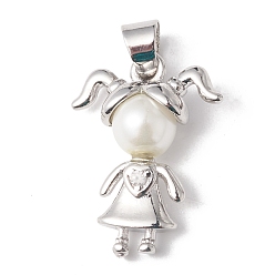 Real Platinum Plated Eco-Friendly Rack Plating Brass Micro Pave Cubic Zirconia Pendants, with Acrylic Imitation Pearl Beads, Long-Lasting Plated, Lead Free & Cadmium Free, Girl, Real Platinum Plated, 16.5x13x5mm, Hole: 4x5mm