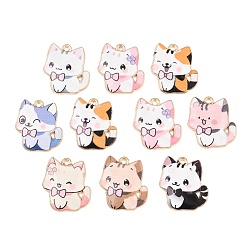 Mixed Color Alloy with Enamel Pendants, Cat Shape Charms, Light Gold, Mixed Color, 21x19x2mm, Hole: 1.6mm