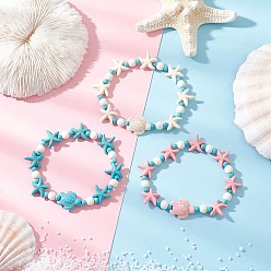 Color mezclado 3 piezas 3 colores estrellas de mar y tortugas pulseras elásticas de cuentas de turquesa sintética para mujeres, color mezclado, diámetro interior: 2-1/8 pulgada (5.4 cm), 1 pc / color