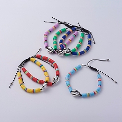 Mixed Color Handmade Polymer Clay Braided Beads Bracelets, with Electroplated Cowrie Shell Beads, Brass Beads and Nylon Thread, Mixed Color, 2-3/8 inch~3-1/8 inch(6.1~8cm)
