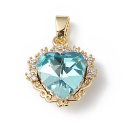 Небесно-голубой Настоящие позолоченные подвески из латуни с микропаве из прозрачного кубического циркония, со стеклом, долговечный, без кадмия и без свинца, шарма сердца, голубой, 18 мм, отверстие : 20x17x8 мм