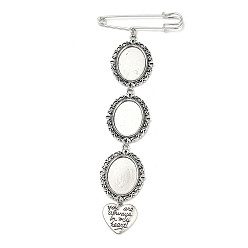 Antique Silver & Platinum Iron Brooch Findings, with Tibetan Style Alloy Pendant Cabochon Settings & Pendants, Oval & Heart, for Valentine's Day, Antique Silver & Platinum, 158mm