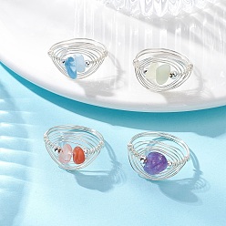 Серебро 4 шт. 4 стили кольца с драгоценными камнями, с латунными бусинами и экологически чистой медной проволокой, серебряные, внутренний диаметр: 19 мм, 1 шт / стиль