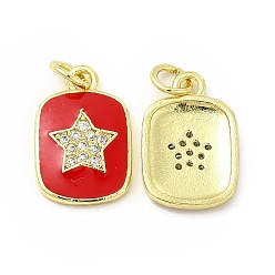 Red Brass Micro Pave Cubic Zirconia Pendants, with Enamel & Jump Ring, Rectangle with Star Charm, Golden, Red, 16x11x2mm, Hole: 2.5mm