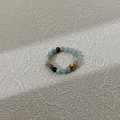 Flower Amazonite Эластичные кольца для пальцев из натуральных бусин амазонита для женщин, с шариком из нержавеющей стали, внутренний диаметр: регулируемый