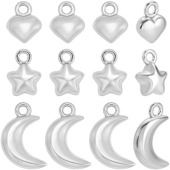 Нержавеющая Сталь Цвет 60шт 3 стили 304 подвески из нержавеющей стали, луна и сердце и очарование звезды, цвет нержавеющей стали, 6.5~7.5x5.5~11.5x2~3.5 мм, отверстие : 1.2 мм, 20 шт / стиль