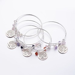 Mixed Stone Brass Expandable Charm Bangles, Mixed Stone, with Tibetan Style Tree of Life Pendants, 69mm(2-3/4 inch)