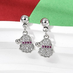 Santa Claus Рождественские серьги-гвоздики с подвесками из латуни с микропаве из кубических цирконий, стойки покрытие, долговечный, без кадмия и без свинца, платина, Дед Мороз, 21.5x9.5 мм