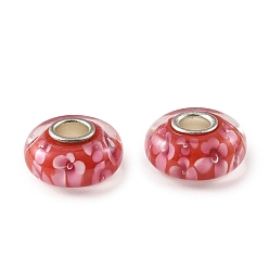 FireBrick Lampwork & Brass Core European Beads, Large Hole Beads, Rondelle with Flower, FireBrick, 15x7.5mm, Hole: 4mm