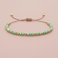 Бледно-Зеленый Браслеты из плетеных бусин из круглых стеклянных и латунных бусин, регулируемые плетеные браслеты из волоконного шнура для женщин, золотые, бледно-зеленый