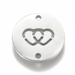 Stainless Steel Color Tarnish Resistant 304 Stainless Steel Links connectors, Flat Round with Double Heart, for Valentine's day, Stainless Steel Color, 12x1mm, Hole: 1.2mm